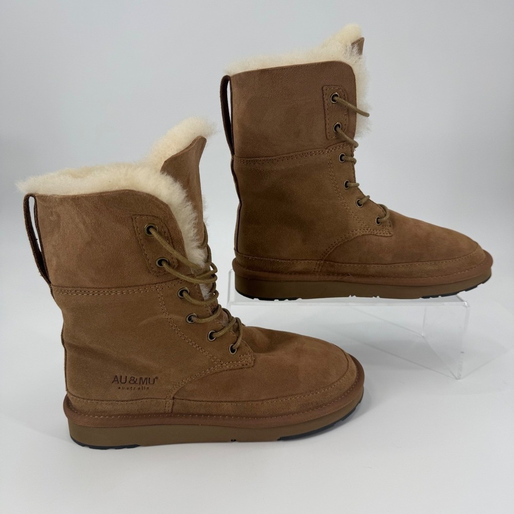 AU&MU Australia Sheepskin Shearling Lace Up Winter Boots Wmn Size 6 Brown Suede - Picture 2 of 8